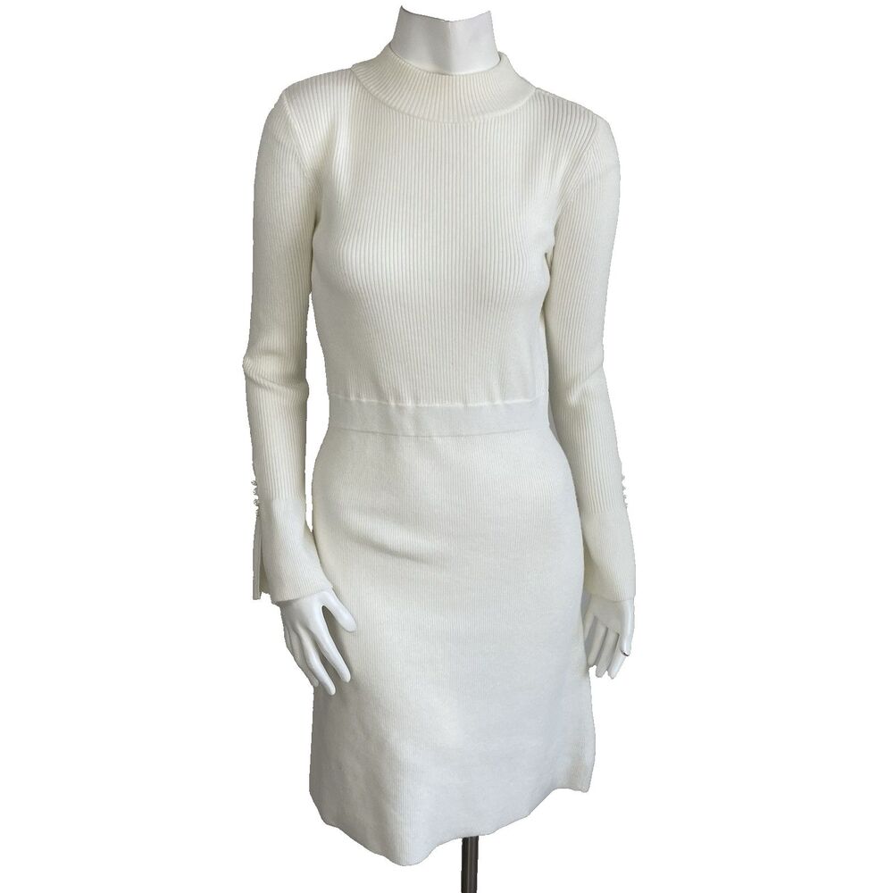 Ann Taylor Pearl Button Cuff Ribbed Mock Neck Long Sleeve Sweater Dress - Small - Picture 2 of 16